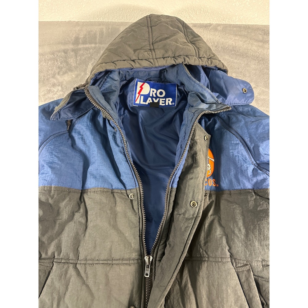 Vintage Pro Player Denver Broncos Puffer Jacket Blue Black Hooded Mens Large NFL - Picture 7 of 16